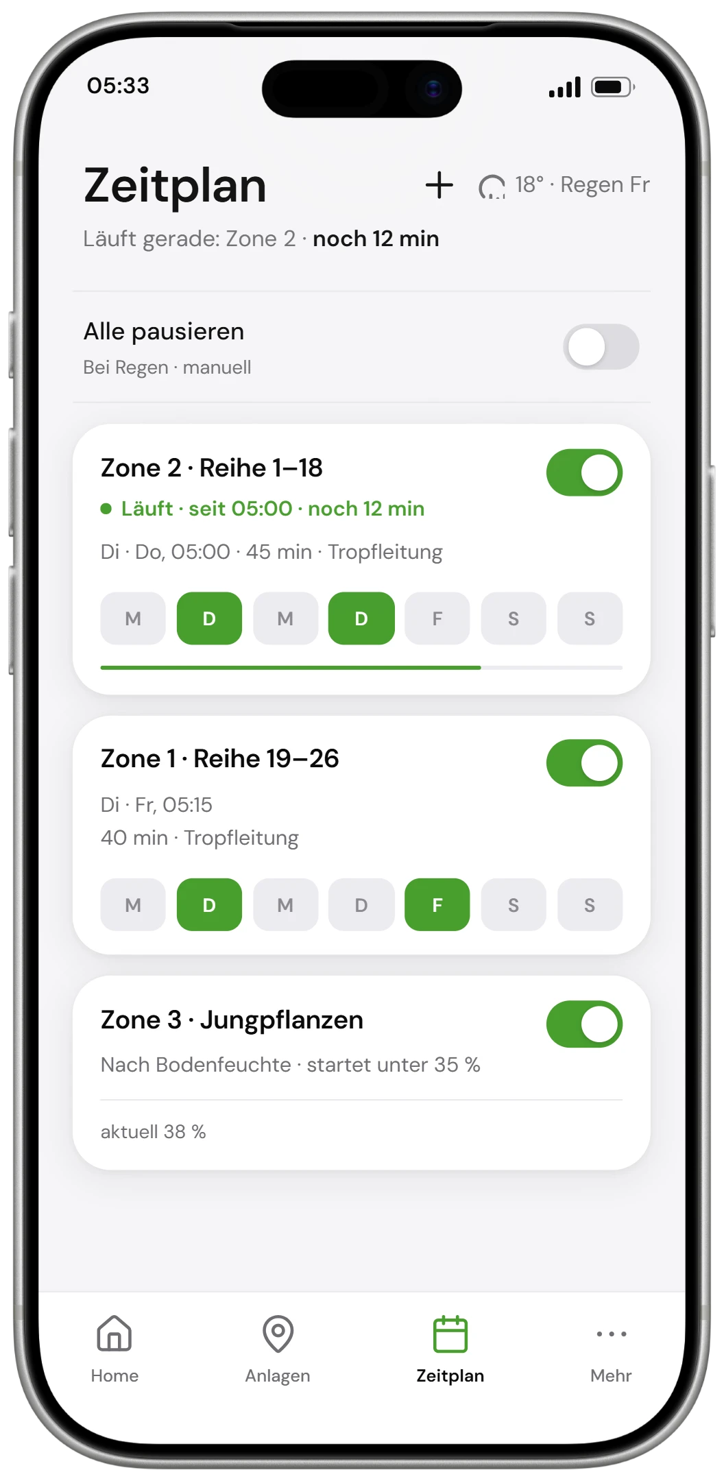 Beispielansicht der Noderain-App mit geplantem Bewässerungslauf.